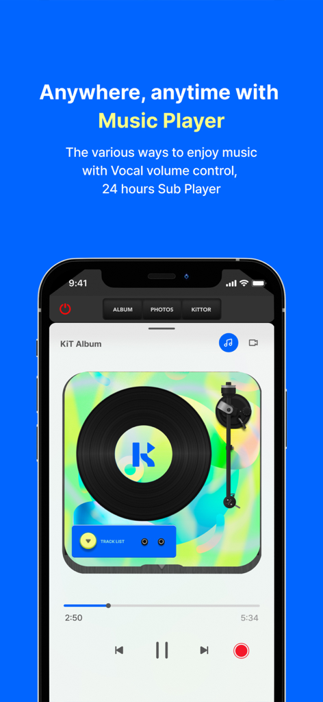 KiTplayer app interface showing a digital vinyl album with music playback controls and vocal volume features