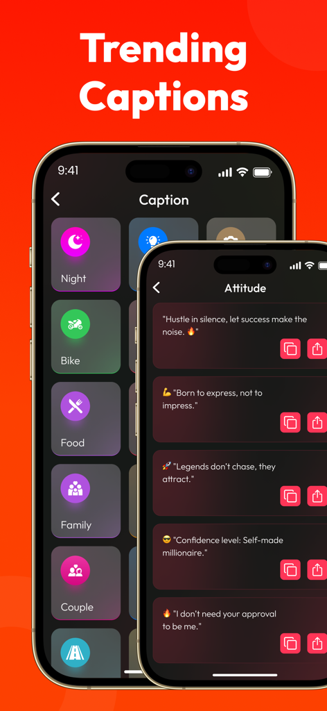 All Video Downloader ~ Player - Capture d'écran de la fonction de légendes tendance montrant diverses catégories de citations comme Attitude et Nourriture pour les publications sur les réseaux sociaux.