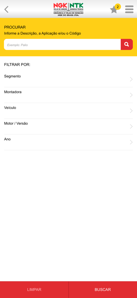 Interfaz de búsqueda de la aplicación de catálogo de piezas automotrices NGK NTK con filtros de vehículo