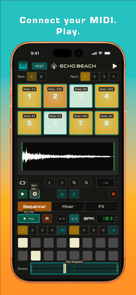 Echo Beach app interface showing 8 drum pads, a sound waveform, and a step sequencer for music production.