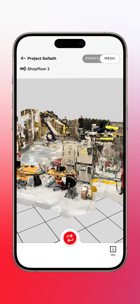 RobotStudio® AR Viewer - A 3D mesh scan of an industrial shop floor with a robotic arm simulation in RobotStudio AR Viewer