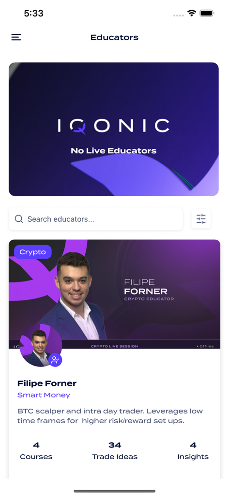 Screen showing the educators list and a crypto educator profile on IQ Social