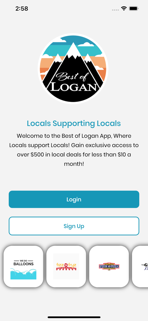 The Best of Logan - Tela de boas-vindas do aplicativo móvel The Best of Logan mostrando um logotipo de montanha e ofertas de negócios locais.