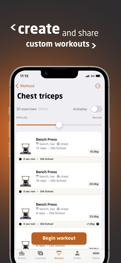 iPhone-Display der Vitruvian-App, das einen benutzerdefinierten Brust- und Trizeps-Trainingsplan mit Details zur Bankdrückübung zeigt.