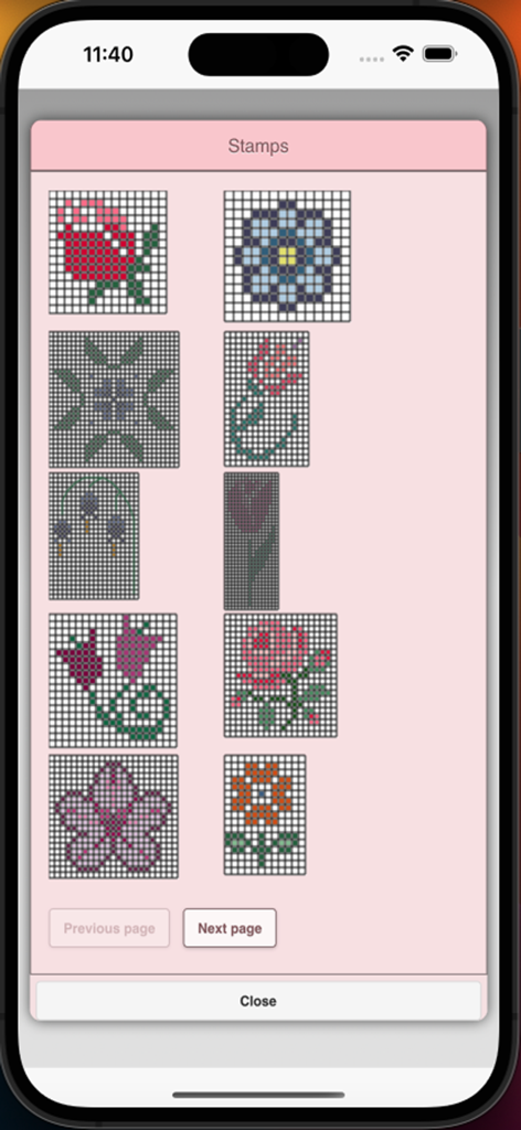 A library of floral stamps for creating cross stitch patterns on a mobile app