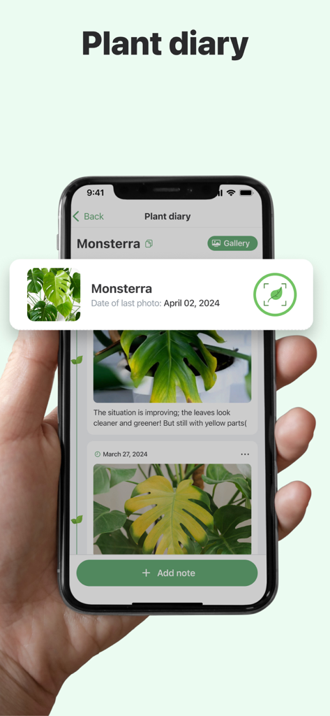 Plant Disease Identifier. - スマートフォンの画面に、モンステラの健康追跡を含む植物ケア日記が表示されています