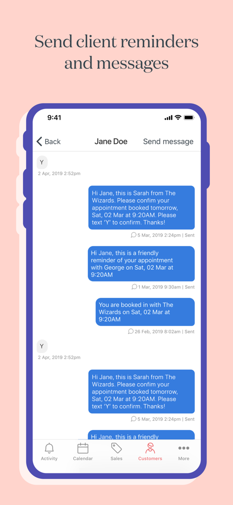 Timely – Bookings & payments - Timely app screen showing automated text message reminders and appointment confirmations for clients