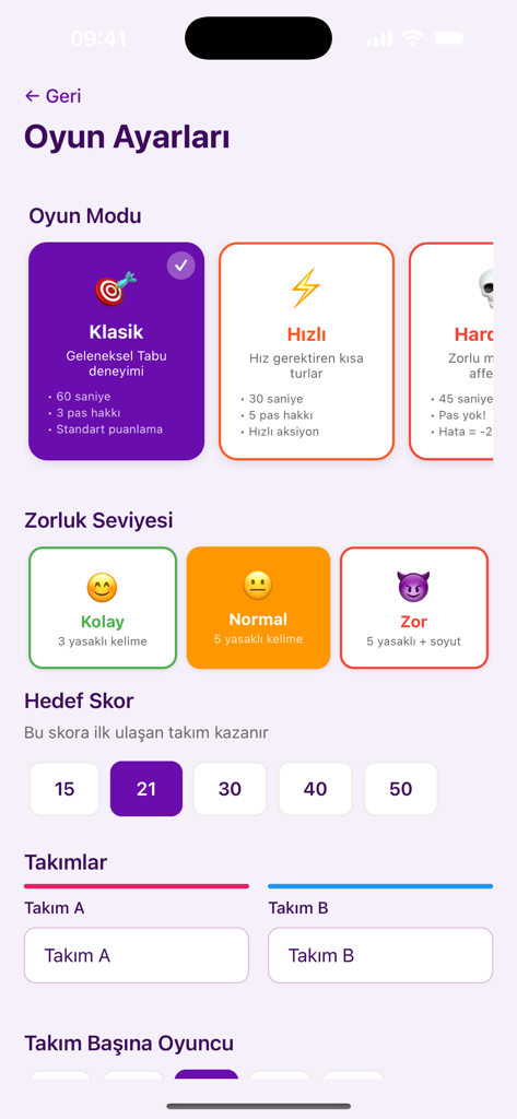 Tabu - Kelime Oyunu - Pantalla de configuración del juego de la aplicación del juego de palabras Tabu que muestra opciones para el modo de juego, nivel de dificultad y puntuación objetivo en turco