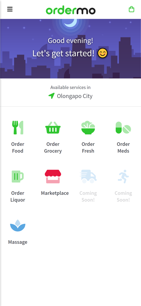 Ordermo app home screen showing delivery options for food grocery and medicine in Olongapo City