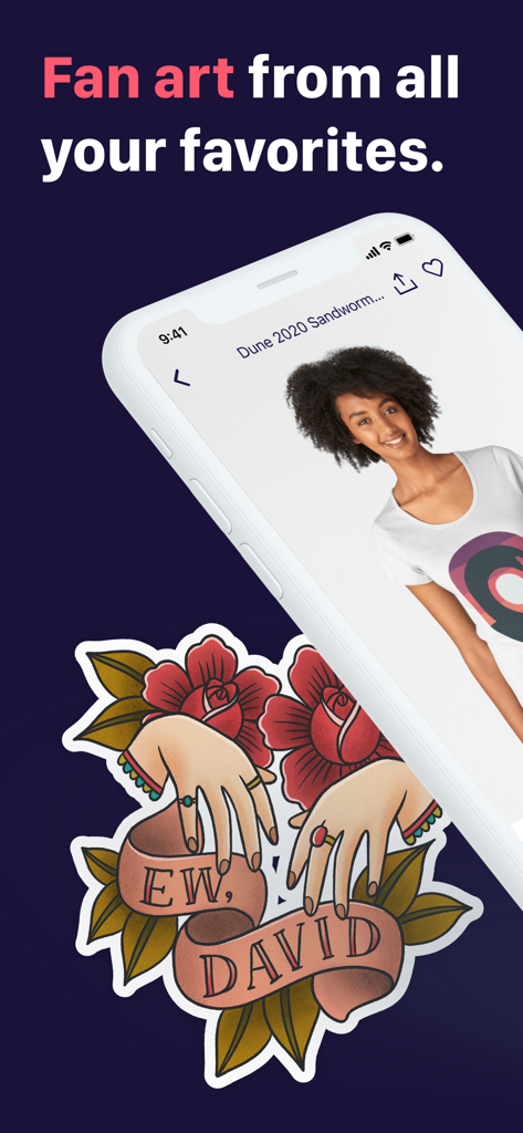 Application mobile Redbubble affichant des produits de fan art, dont un t-shirt et un sticker pop culture 'Ew David'