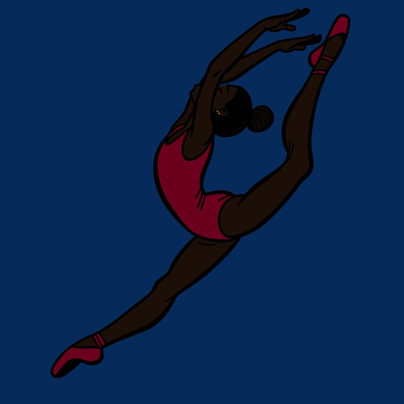 gymnast doing a leap in a leotard with a bent back leg