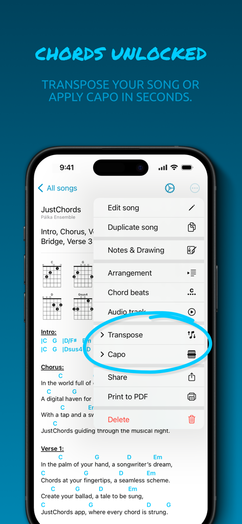 JustChords - JustChords app interface showing the transpose and capo menu options for a song.