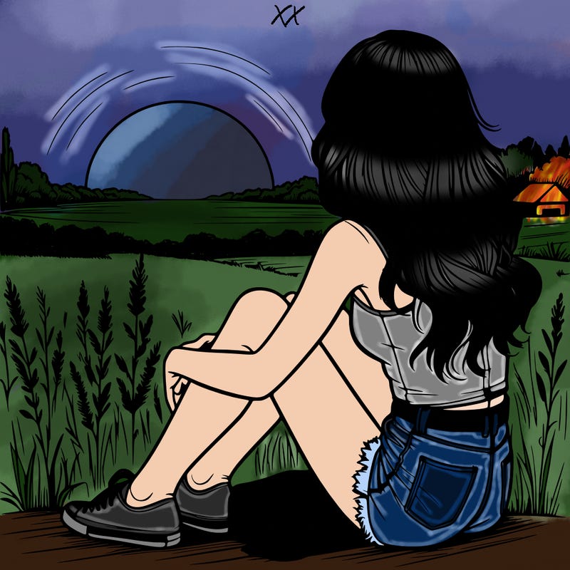 realistic girl sitting and watching the sunset