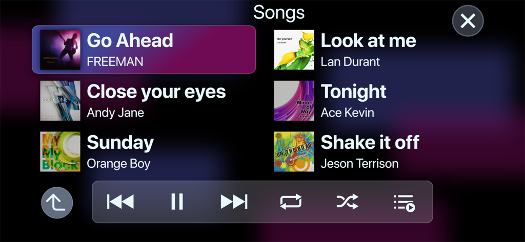 Landscape view of the Pioneer Smart Sync music player showing a list of songs and playback controls.