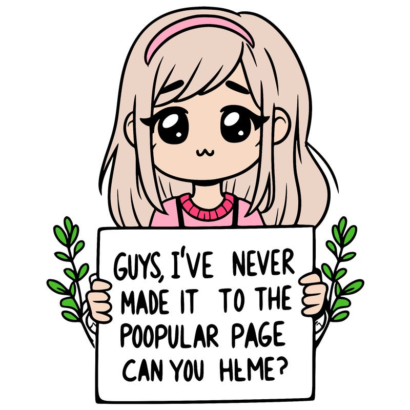 a girl holding up a sign that says, guys, i’ve never made it to the popular page, can you help me?