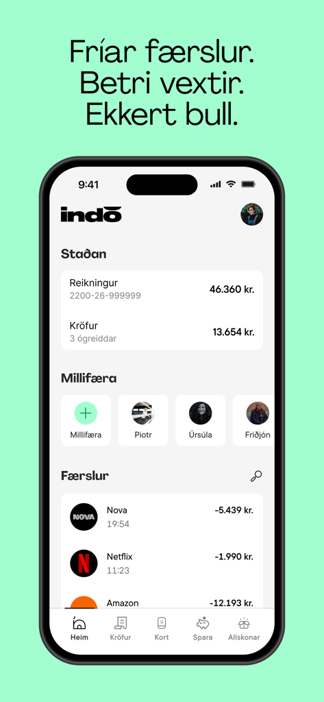 indó - indo banking app home screen showing balance and transaction history