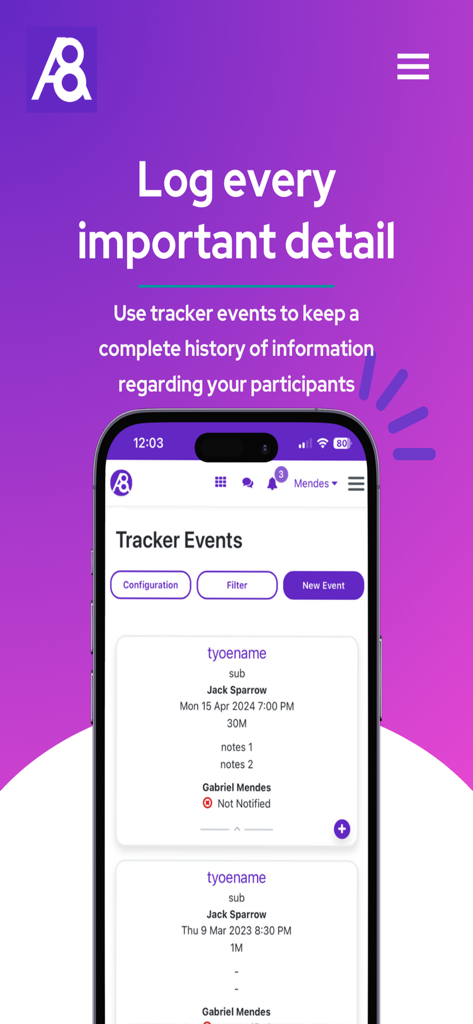 Ability8 - Ability8 app screen showing a list of tracked events and care history details for participants