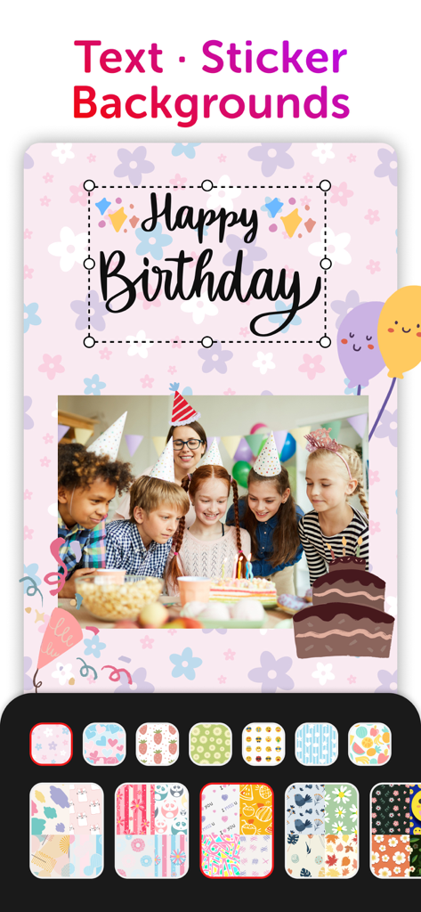 Collage Maker: CollagePlus - A birthday collage creator showing a group of children at a party with customizable floral backgrounds, stickers, and happy birthday text.