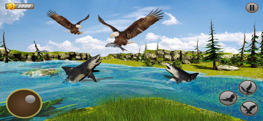 Eagle Simulator - Eagle Games - Two bald eagles flying over water and hunting fish while sharks jump toward them