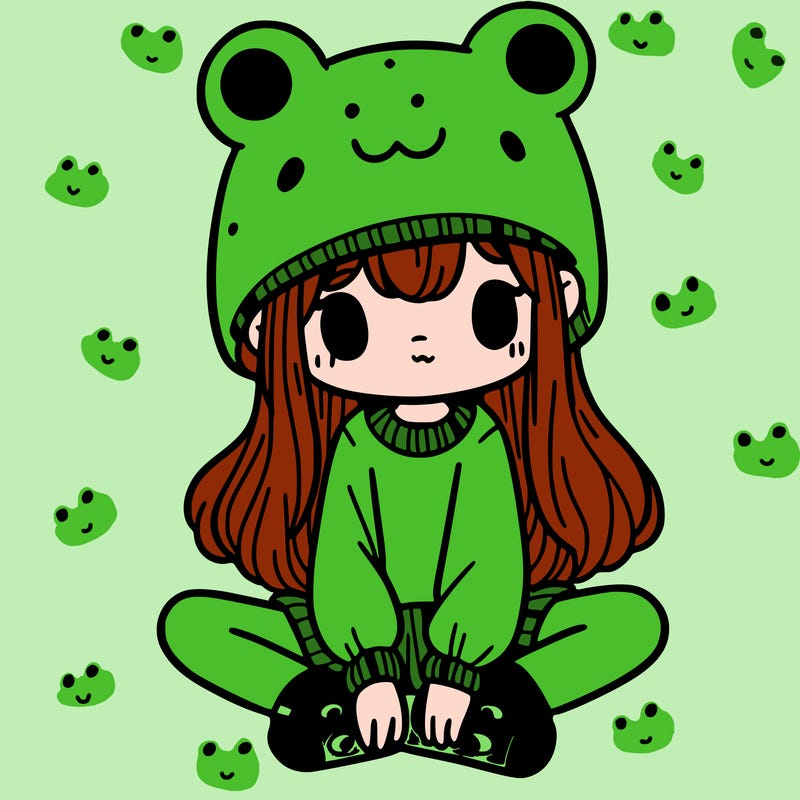 a girl wearing a frog hat and some frog socks