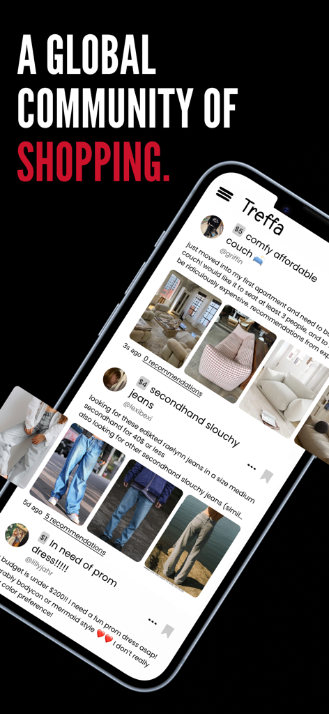 Treffa - Social Retail - Treffa mobile app interface displaying a social shopping feed with personalized requests for clothing and home decor