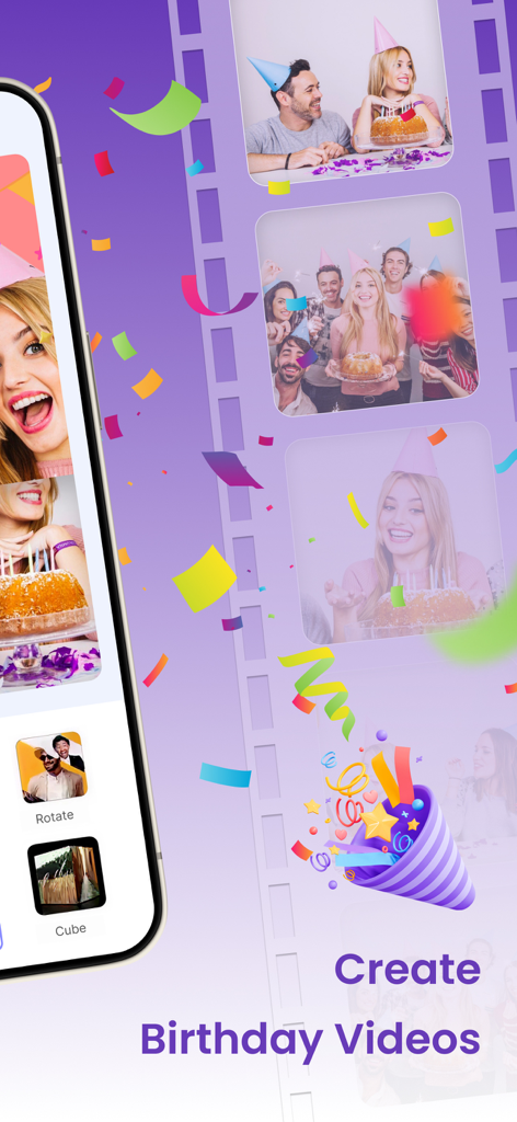 Video Maker Birthday Slideshow - 人々がお祝いしている写真や編集ツールが表示された誕生日ビデオメーカーアプリを示すスマートフォンの画面