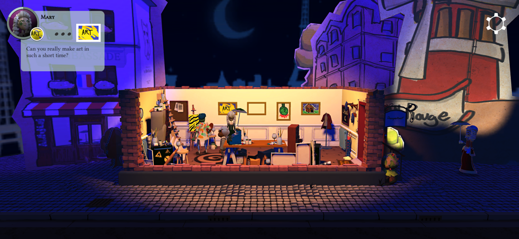 Passpartout: Starving Artist - In-game screenshot of Passpartout Starving Artist showing an artist in a puppet theater style studio with a customer dialogue box