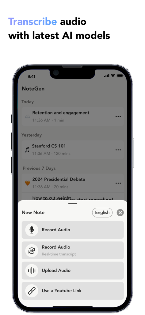 NoteGen - AI Note Taking - NoteGen app interface showing options to record and transcribe audio using AI models