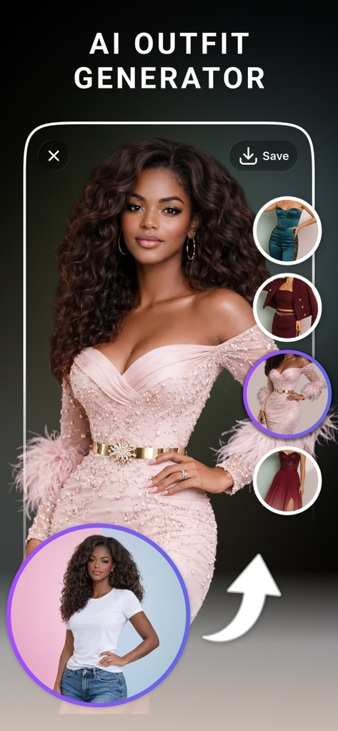 AI Hairstyle + - Generador de atuendos IA que muestra una transformación de vestido casual a formal