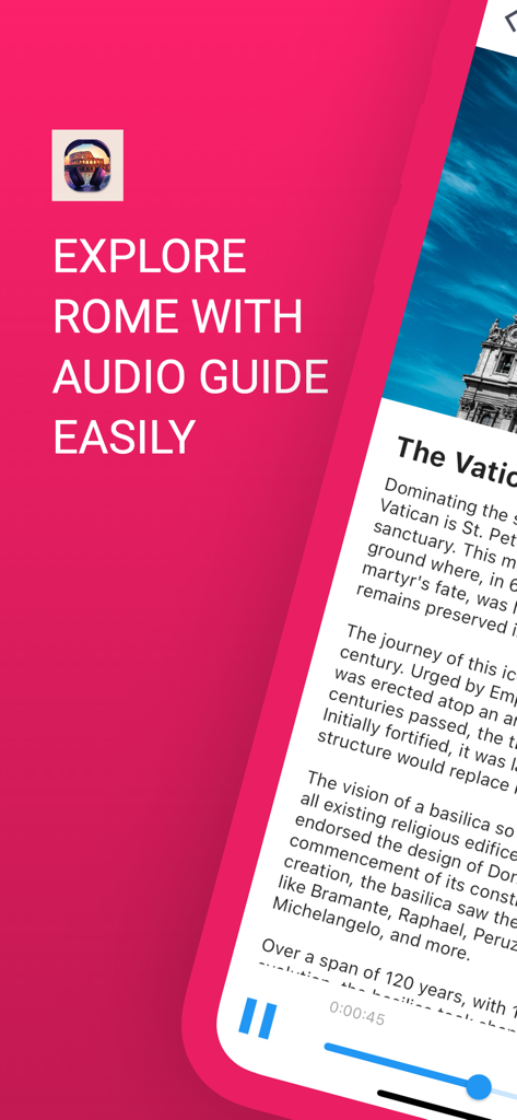Rome Walks - Offline Guide - Rome Walks app interface showing an audio guide for the Vatican with historical text and playback controls
