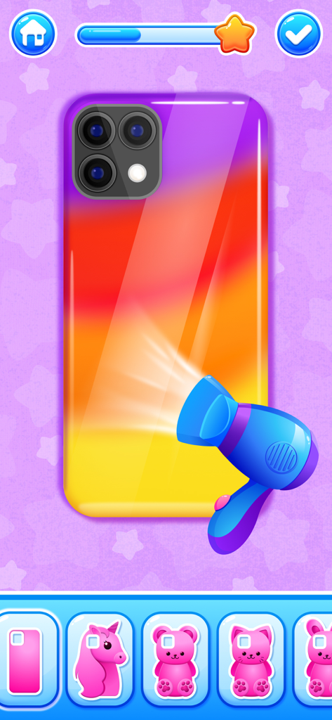 모바일 게임 화면에서 헤어드라이어를 사용하여 화려한 그라디언트 폰 케이스 디자인을 만드는 방법을 보여줍니다