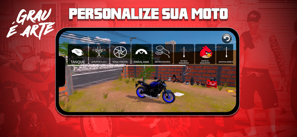 Grau é Arte Online - Menu de personalização de moto no jogo mobile Grau e Arte Online mostrando várias opções de customização da moto.