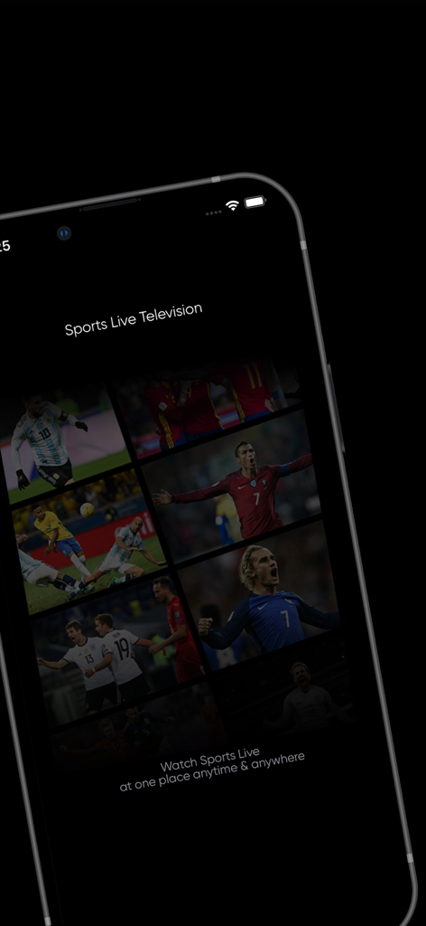 Interfaz de la aplicación móvil Sport TV 24 mostrando transmisión de deportes en vivo con jugadores de fútbol profesionales