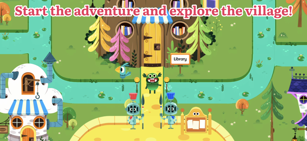 Teach Monster: Reading for Fun - A cartoon monster character standing in a colorful village near a library treehouse with knight guards.
