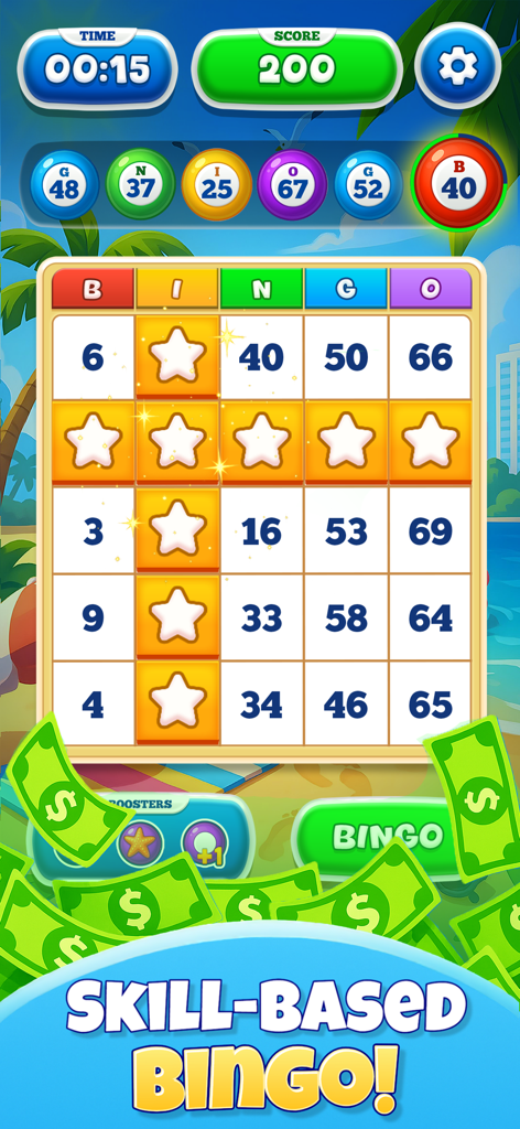 Une capture d'écran du jeu mobile Bingo Golden montrant une carte de bingo avec des étoiles et le texte "skill based bingo".