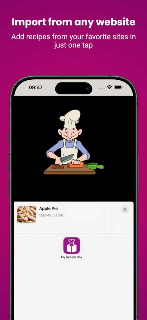 Smartphone screen showing the feature to import recipes from websites into the My Recipe Box cookbook app.