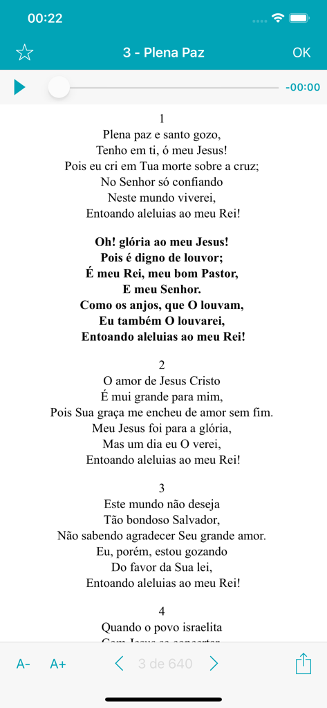 Harpa Cristã Com Áudios - Interface of the Harpa Cristã app showing lyrics for the hymn Plena Paz with an integrated audio player.