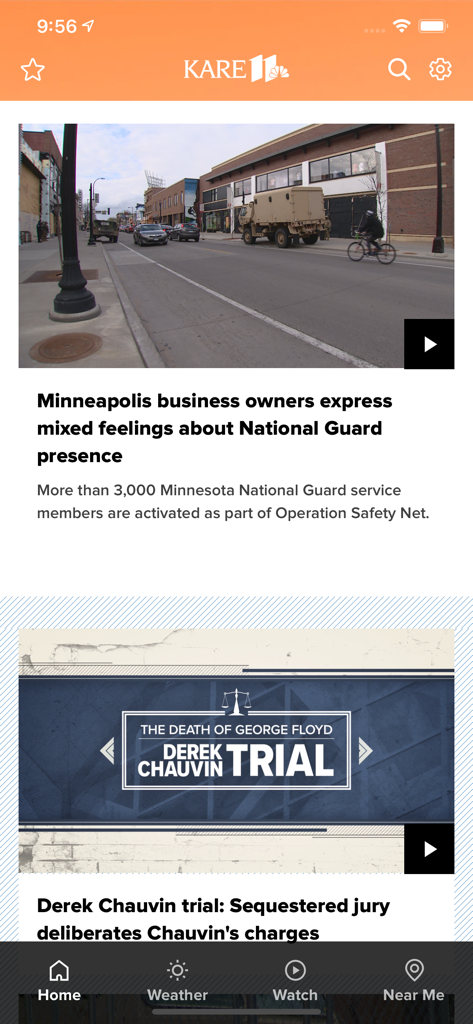 KARE 11 news app home screen showing local Minneapolis news headlines and navigation icons