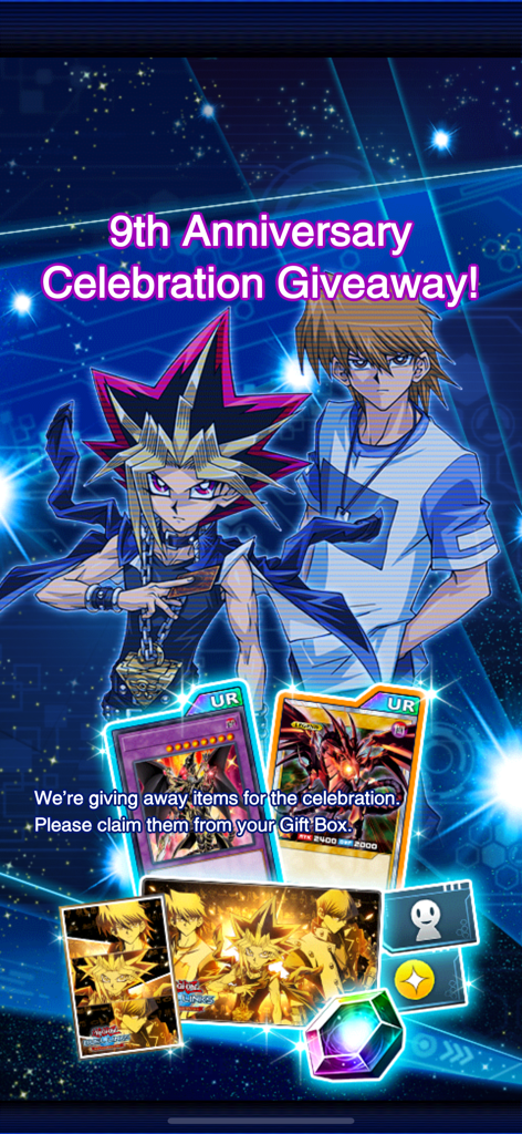 Pantalla del regalo de celebración del 9.º aniversario de Yu Gi Oh Duel Links con Yugi Muto y Joey Wheeler