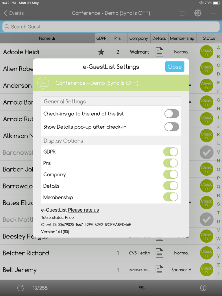 Settings menu display over a guest list in the e-GuestList check-in app for iPad