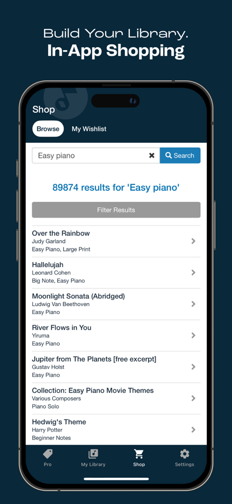 Musicnotes: Sheet Music Reader - Screenshot of the Musicnotes app shop showing search results for easy piano sheet music