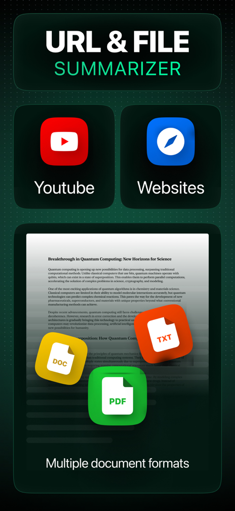Interface mostrando recursos de IA para resumir vídeos do YouTube, sites e formatos de documentos como PDF, DOC e TXT.