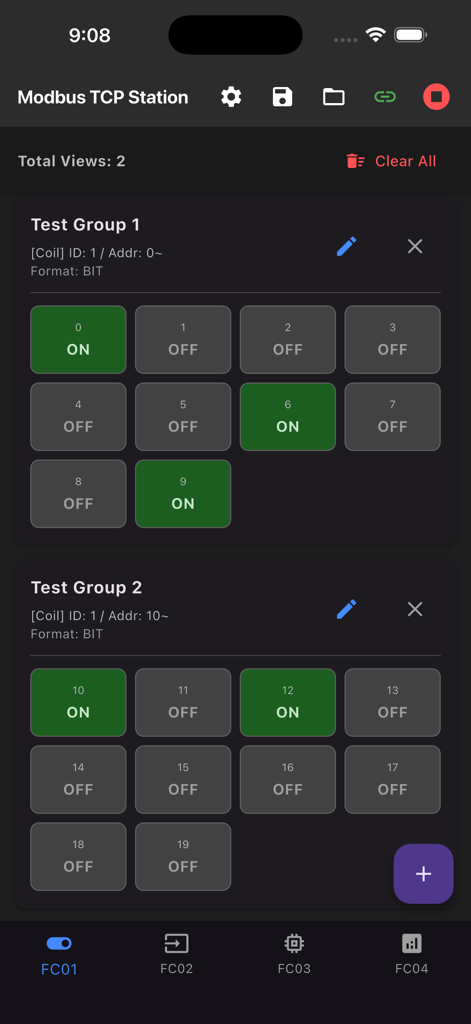 Modbus TCP Station - Modbus TCP Station app interface showing FC01 coil status with green ON and grey OFF indicators for industrial automation testing