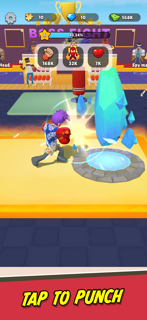 Un personaje en Gym Super: Click Hero golpeando un gran cristal azul para aumentar estadísticas con el texto 'toca para golpear'.