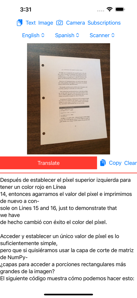 Interface do aplicativo móvel mostrando um documento impresso em inglês traduzido para texto em espanhol