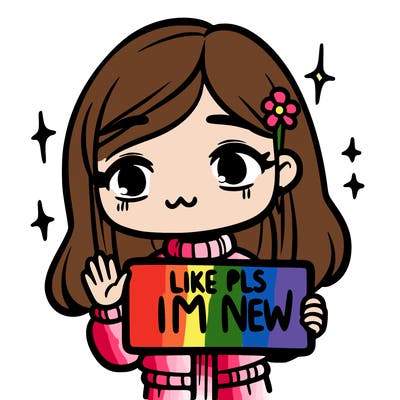 a girl holding a sign saying like pls im new!