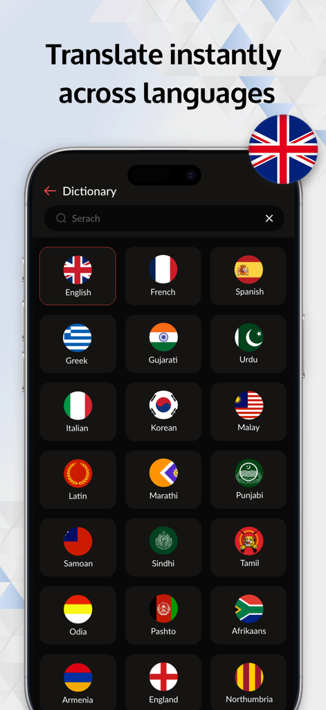 Translator - AI Translate - Wörterbuchansicht der Übersetzer KI-Übersetzungs-App mit einer Vielzahl von globalen Sprachen und Flaggen für sofortige Übersetzung.