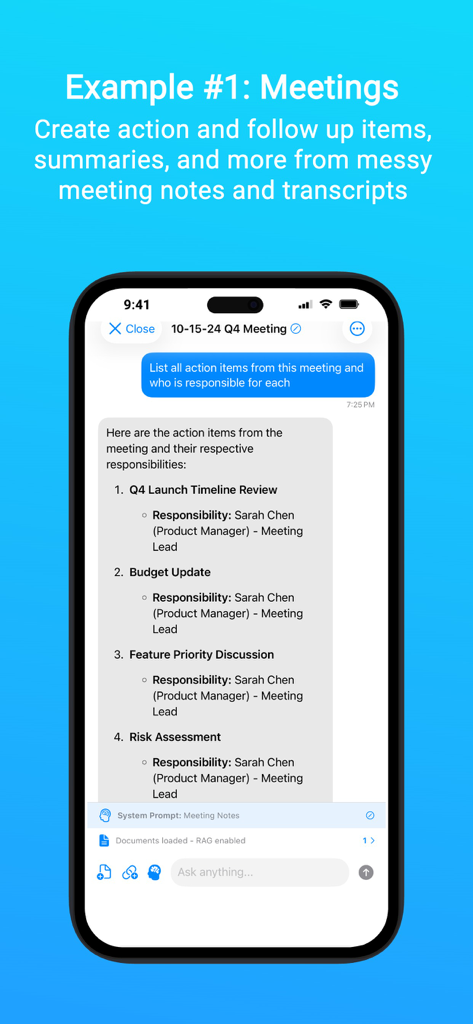 Private AI: Document Chat - iPhone screenshot showing Private AI app summarizing meeting action items and responsibilities from a document transcript