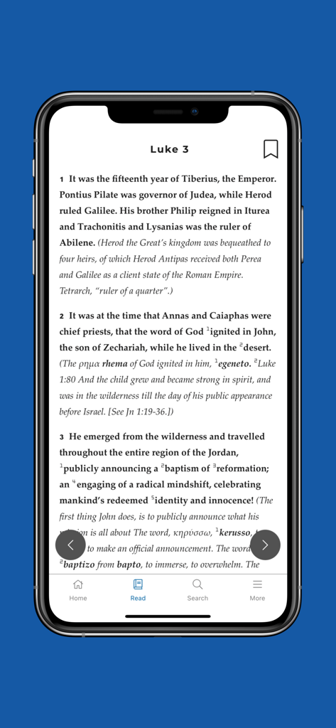 Mirror Study Bible - Mirror Study Bible app screen showing Luke chapter 3 with detailed theological commentary and greek word definitions