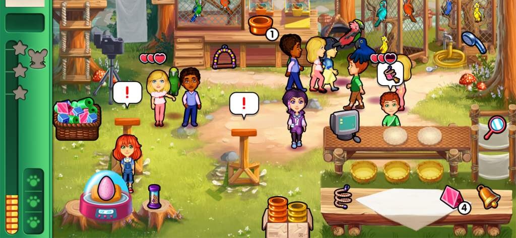 Dr. Cares - Amy's Pet Clinic - Gameplay screenshot of Dr. Cares Amy's Pet Clinic showing Amy managing a bird sanctuary with various patients and customers.